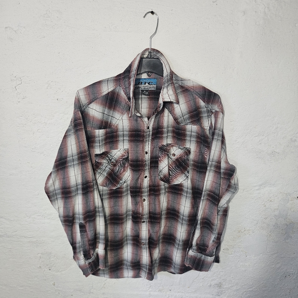 BTC Flannel Shirt Mens 2XL Snap Button Red Plaid Western Pearl Snap Cotton